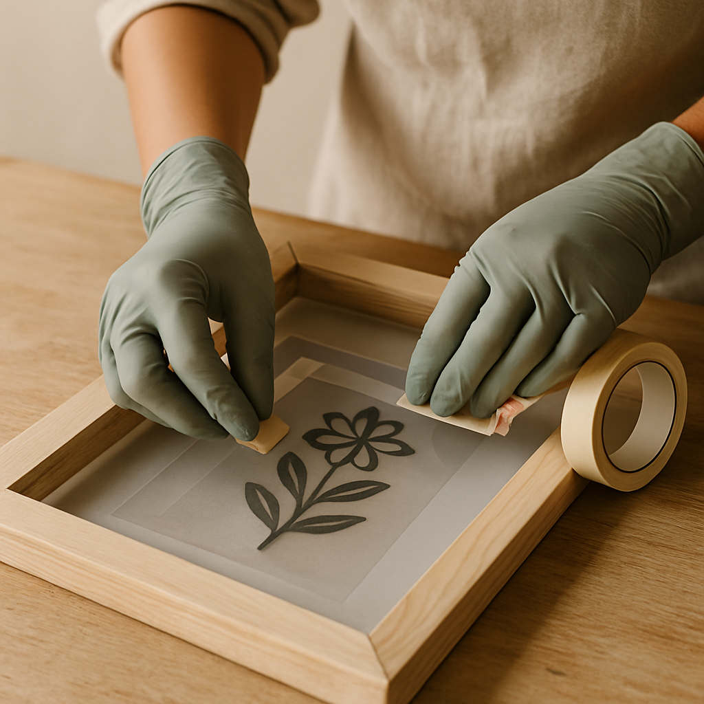 Gloved hands carefully tape a floral transparency design onto a screen printing screen on a pale oak table for custom graphic screen prints.