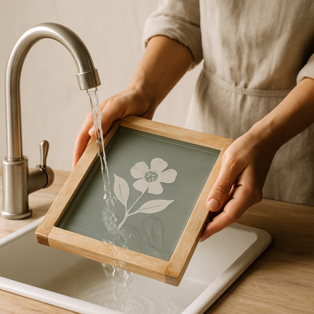 Hands rinse a wooden screen printing screen under a faucet, revealing a floral design with cool water for Custom Graphic Screen Prints.