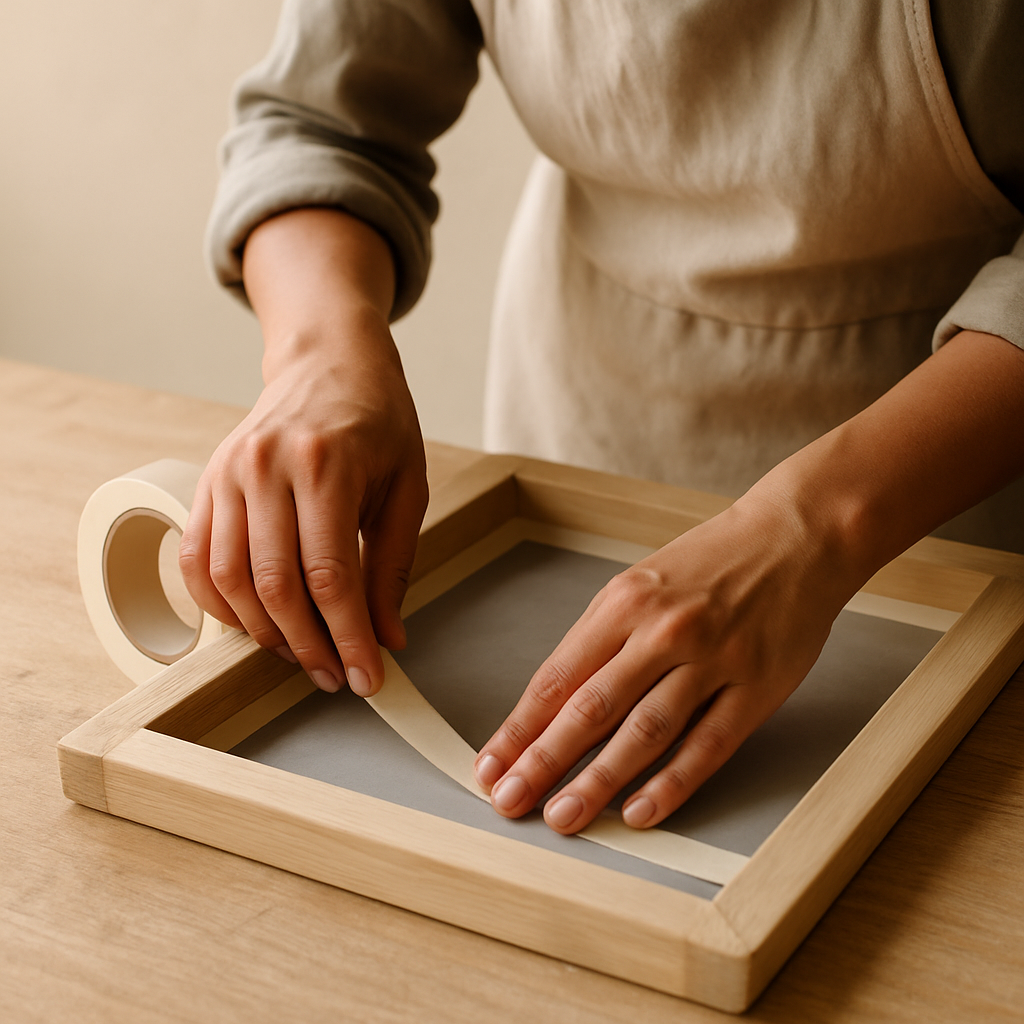 Adult hands carefully apply masking tape to the inside edge of a screen printing frame on a pale wood table for Custom Graphic Screen Prints.