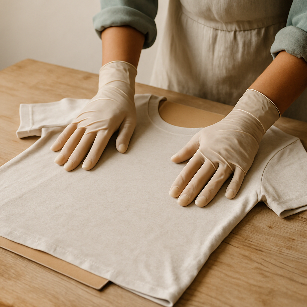 Gloved hands smooth an oatmeal t-shirt laid flat on a wood table with cardboard inside, prepping for screen printing.