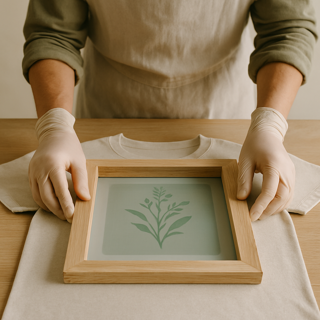 Adult hands in gloves carefully position a screen printing screen with a plant design onto an oatmeal t-shirt on a pale wood table.