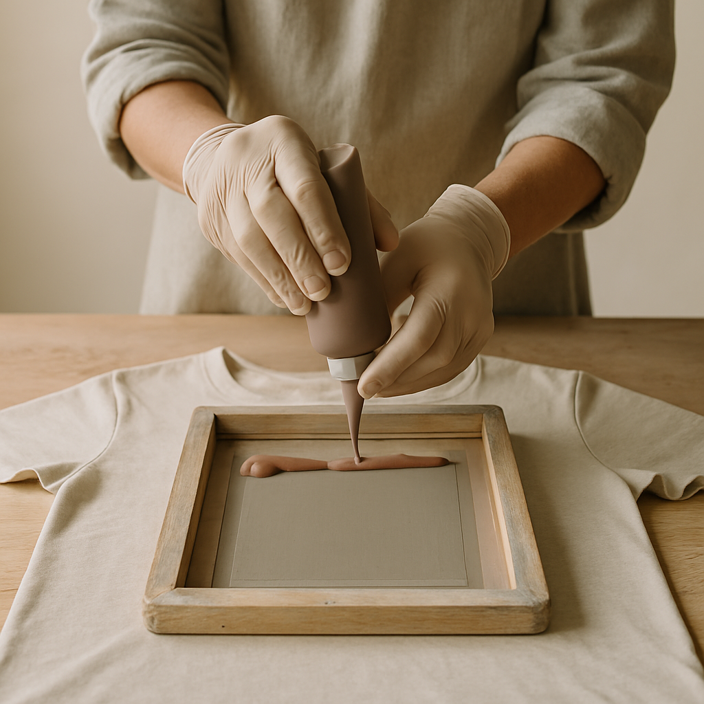 Gloved hands squeeze muted clay fabric ink onto a screen printing screen, forming a line above a design on a light t-shirt for Custom Graphic Screen Prints.