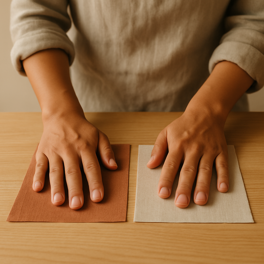 Adult hands gently smooth two rectangular pieces of muted clay and oatmeal fabric on a pale oak table for a Simple Sewn Coin Purse.
