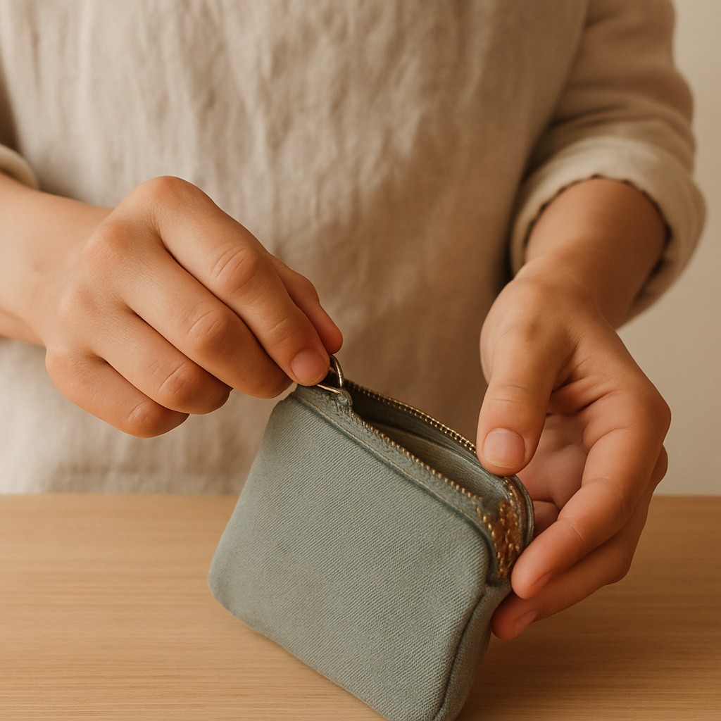Adult hands partially unzip a green fabric Simple Sewn Coin Purse, revealing the interior, on a pale oak table.