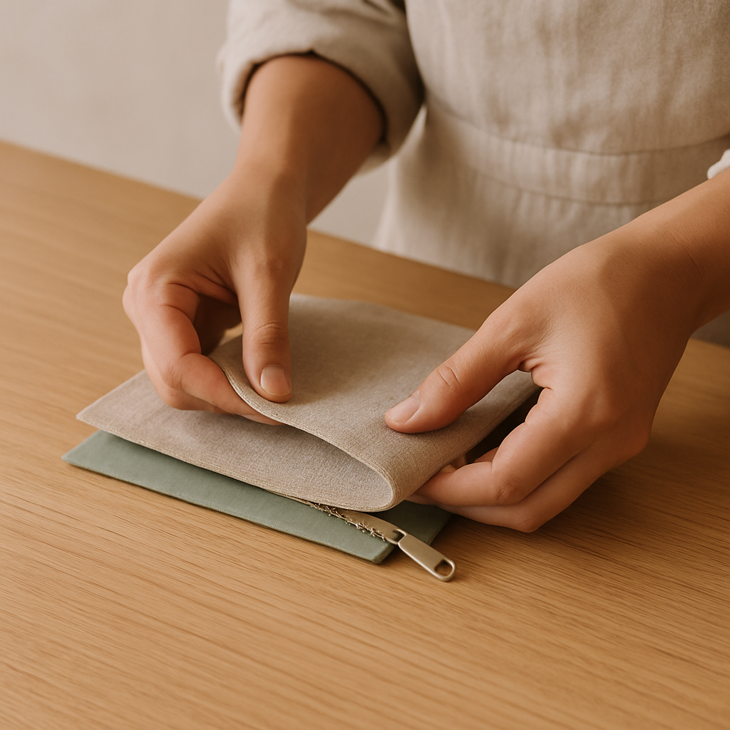 Adult hands carefully fold light beige fabric over light green fabric, aligning them to sandwich a zipper for a Simple Sewn Coin Purse.