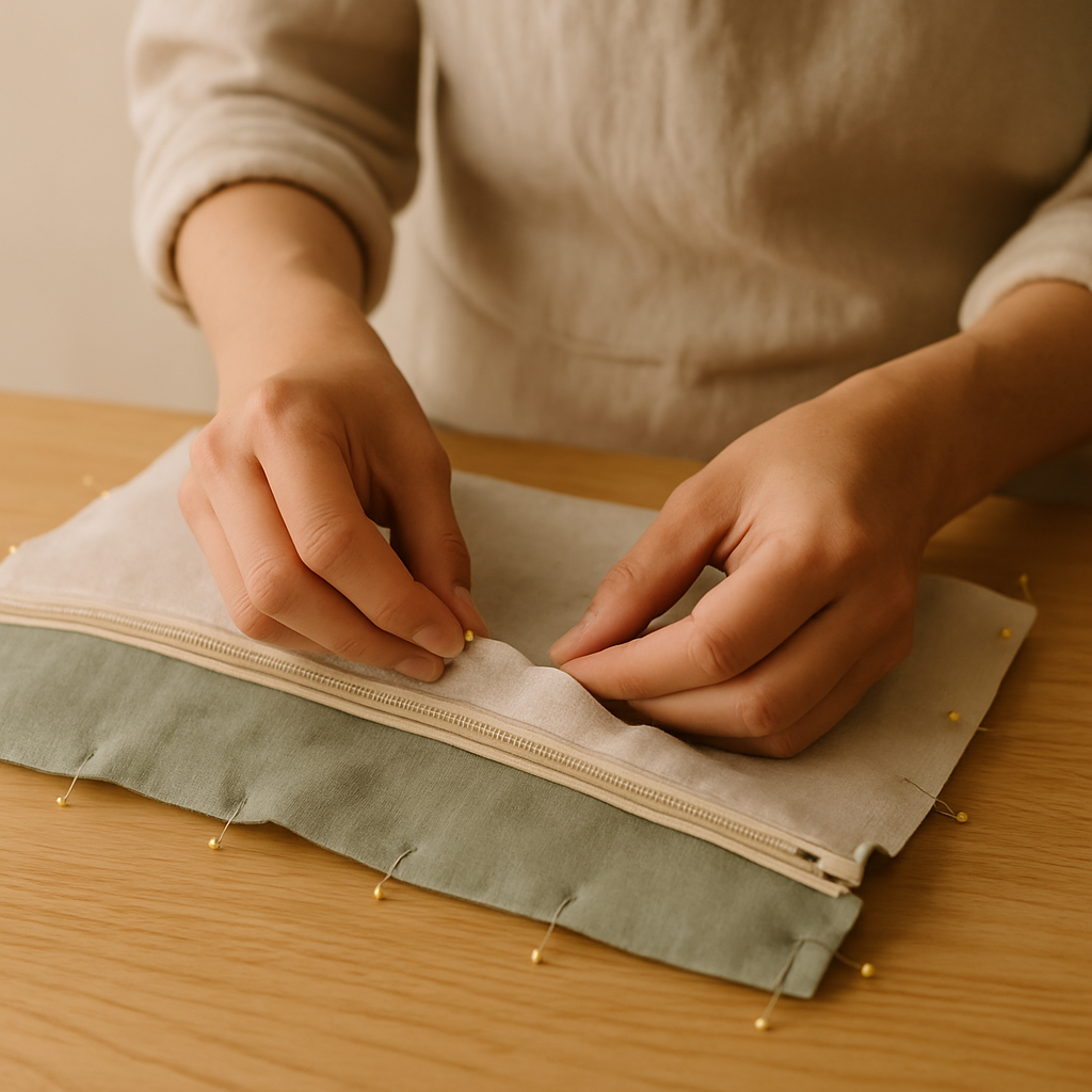 Hands pin raw edges of green and beige fabric together along a zipper, creating a Simple Sewn Coin Purse.