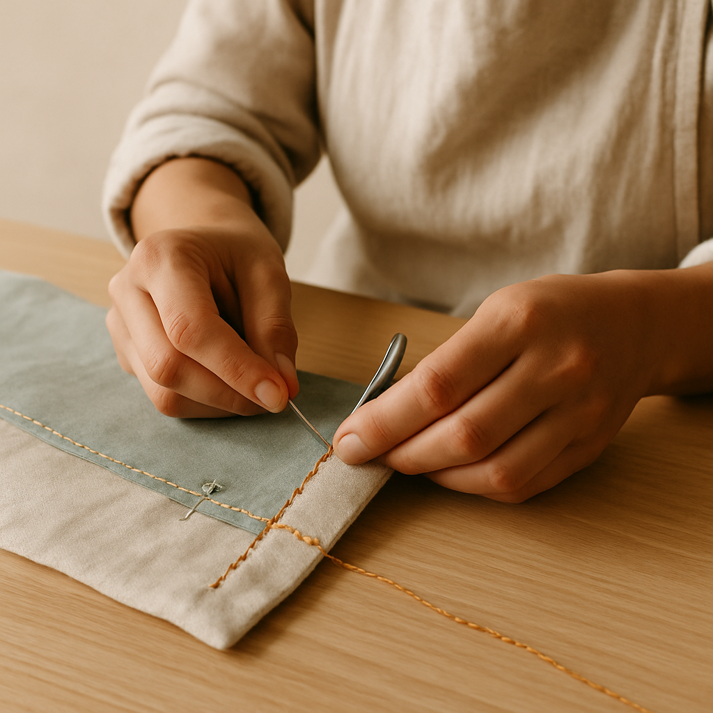 Hands hand-sewing a Simple Sewn Coin Purse. A needle with contrasting orange embroidery floss creates a running stitch seam along the edge of green fabric.