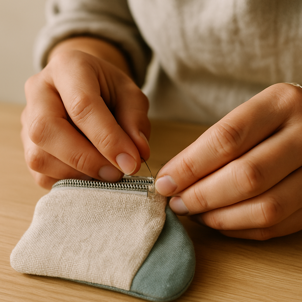 Close-up of hands reinforcing a Simple Sewn Coin Purse corner with a needle and thread, adding extra stitches where the side seam meets the zipper.