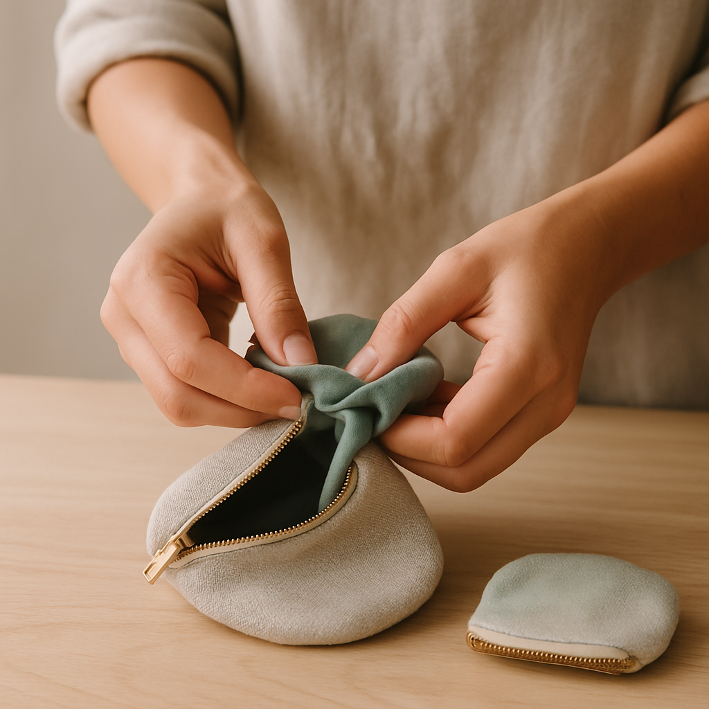Hands gently pull teal fabric lining through the zipper opening of a beige Simple Sewn Coin Purse, turning it inside out.