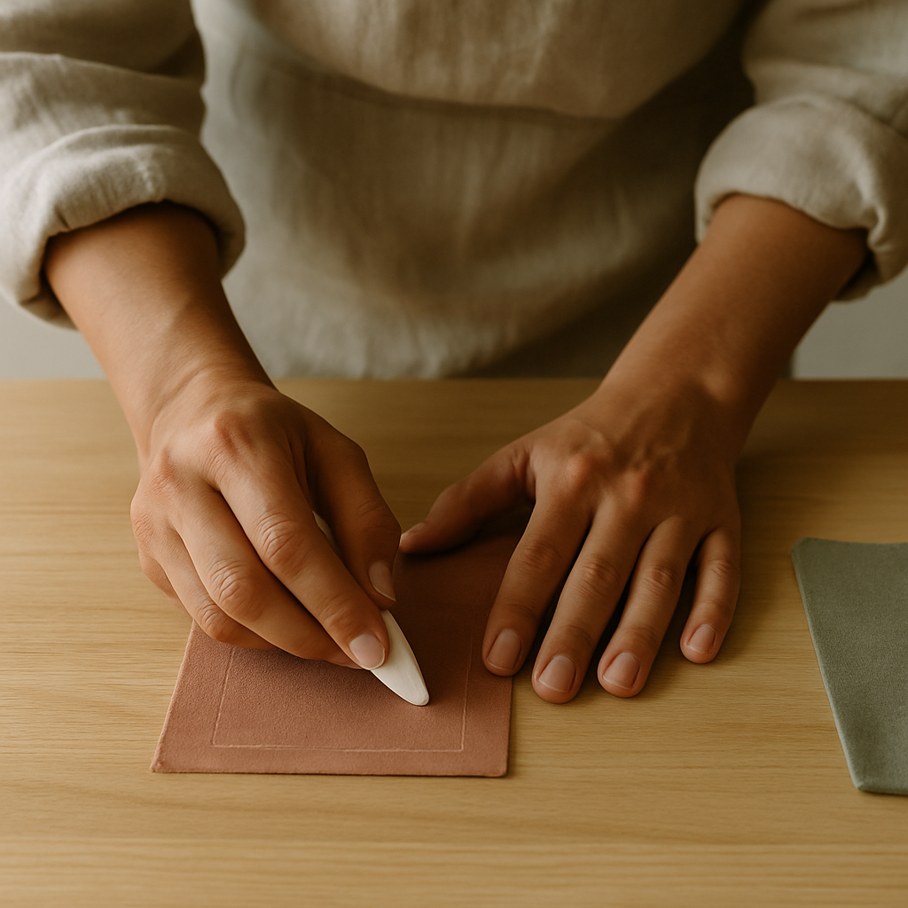 Close-up of adult hands using white chalk to draw a straight guide line on reddish-brown quilting cotton fabric for a Simple Sewn Coin Purse.