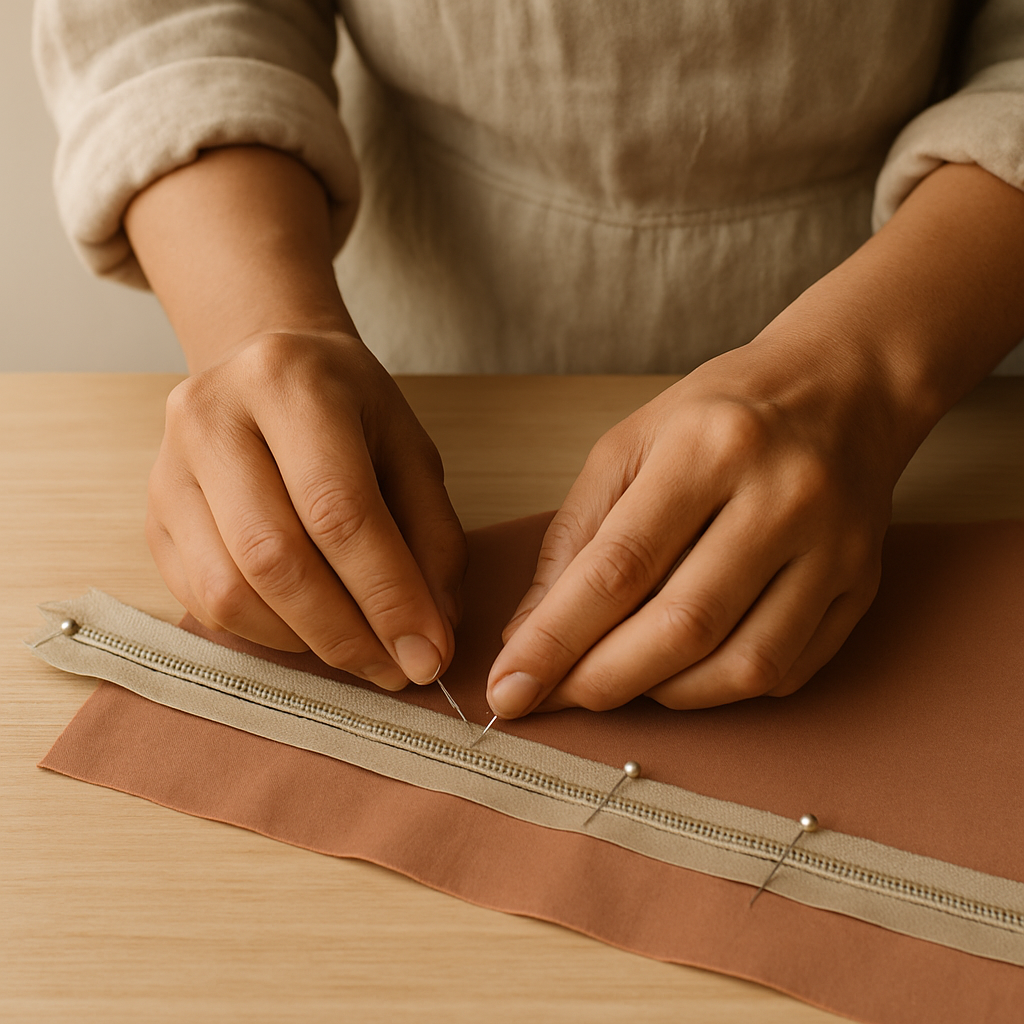 Adult hands carefully pin a beige zipper to a rust-colored fabric piece, preparing it for a Simple Sewn Coin Purse.