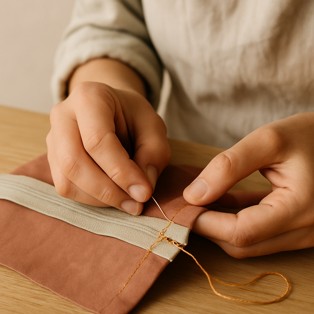Adult hands sew a green zipper to terracotta quilted fabric with golden thread using a running stitch for a Simple Sewn Coin Purse.