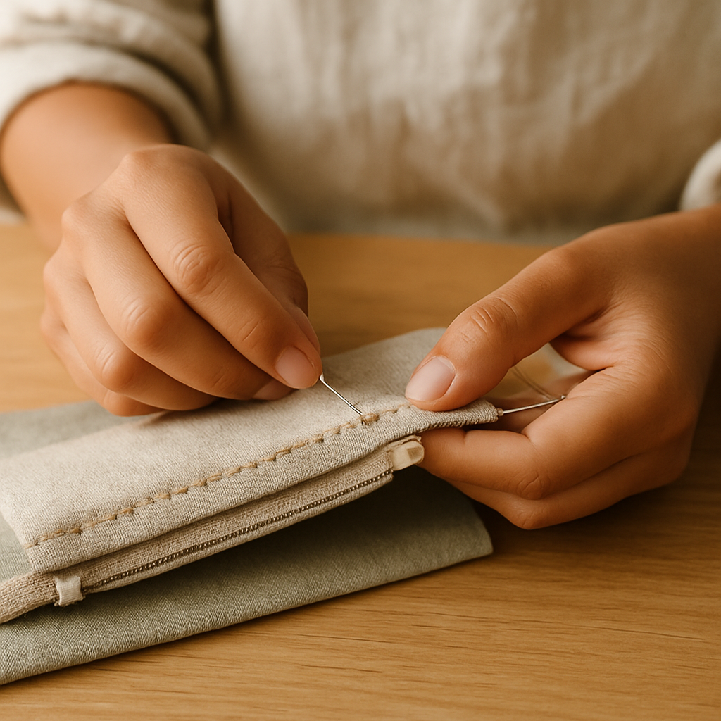 Close-up of hands sewing an oatmeal fabric piece to a green zipper tape with orange running stitches, a step in making a Simple Sewn Coin Purse.