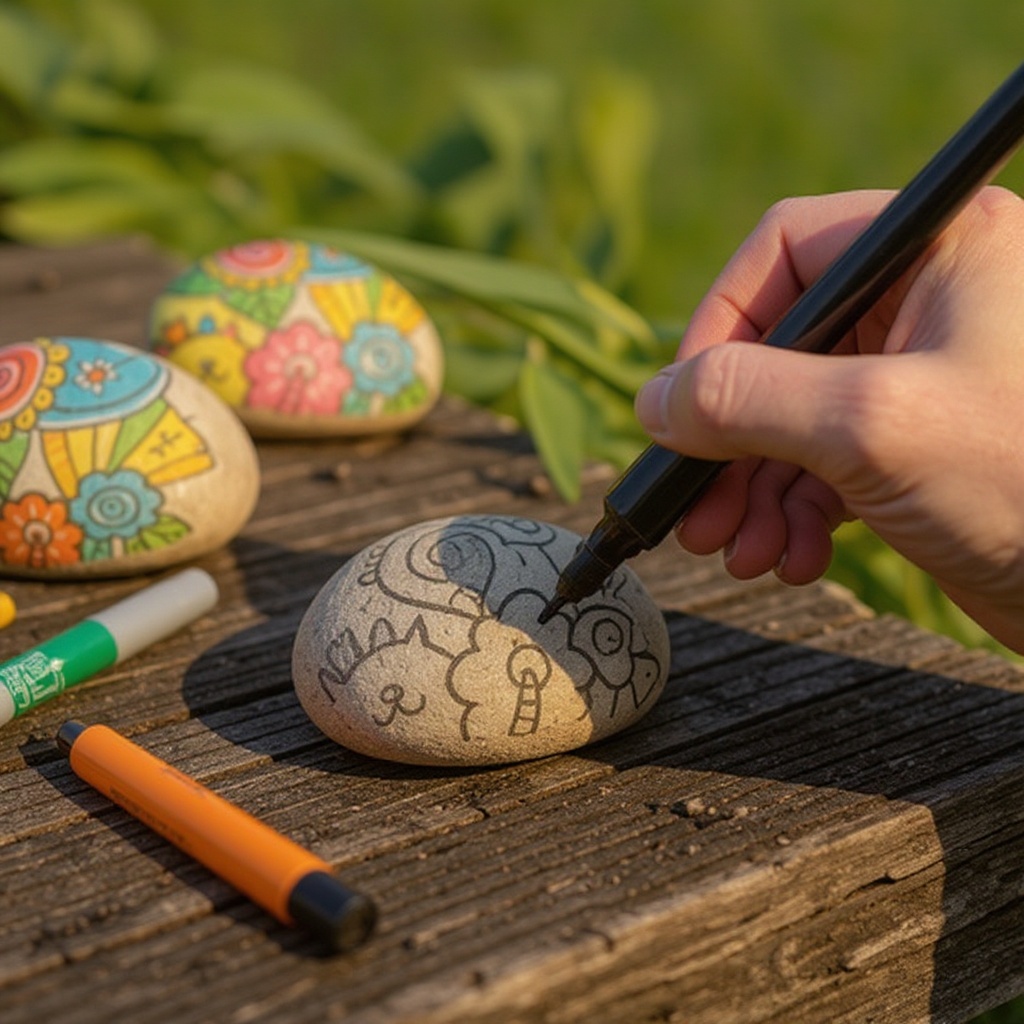 Step 3: Begin drawing your design on the rock with your Sharpie permanent markers. Use d