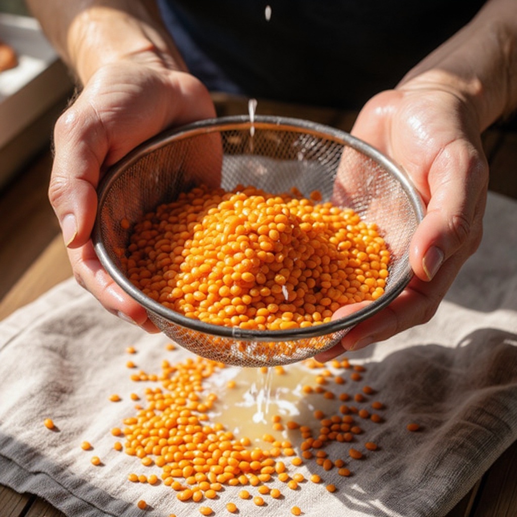 Step 1: Rinse the red lentils thoroughly under cold running water until the water runs c