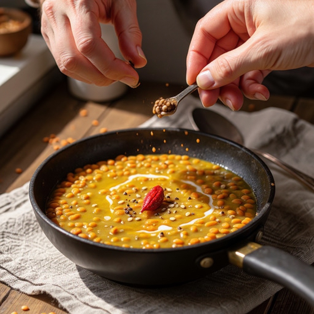 Step 6: Add the cumin seeds, mustard seeds, and dried red chili (if using) to the hot oi