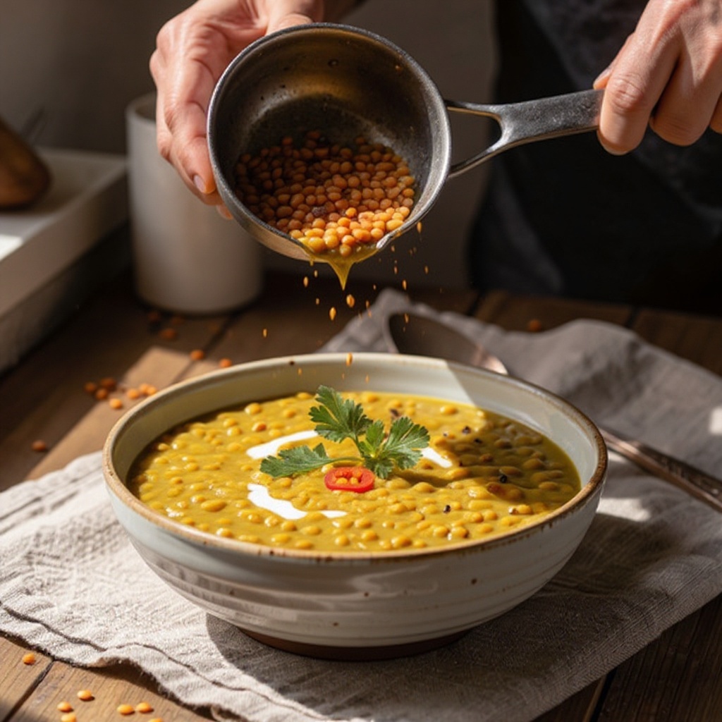 Step 8: Pour this tempering mixture (tadka) into the pot of cooked lentils.