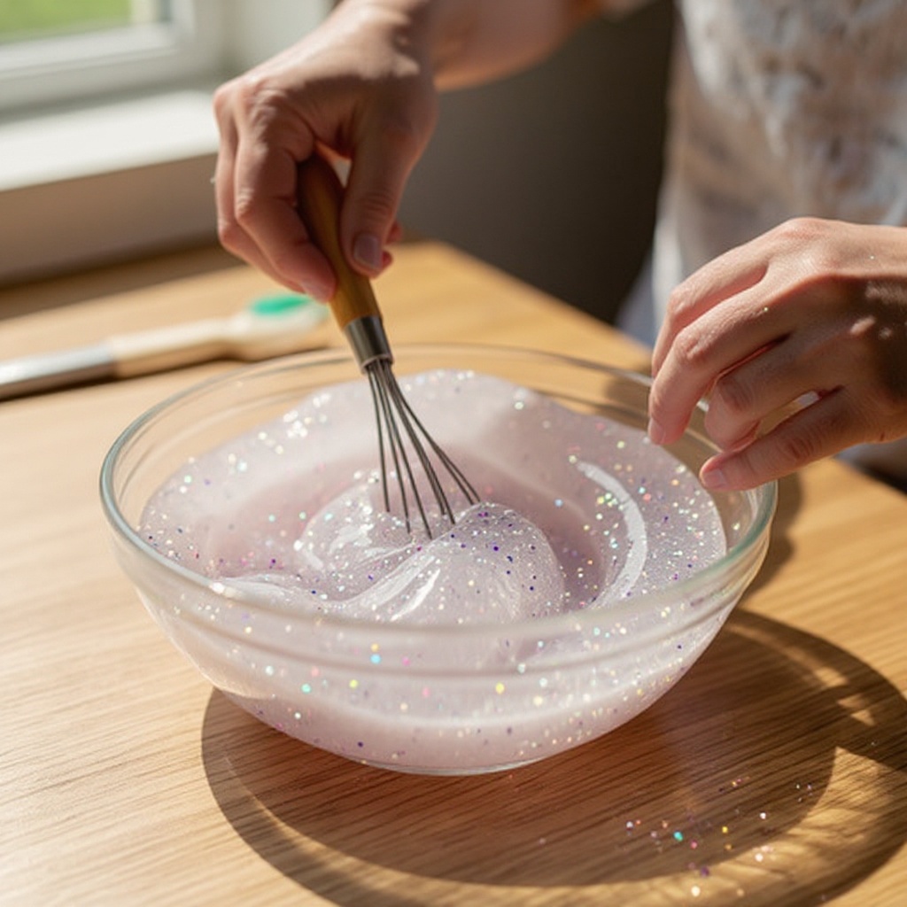Step 3: If you want sparkly slime, stir in your desired amount of glitter into the glue 