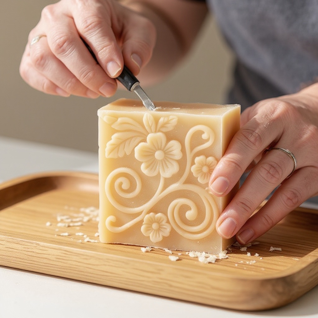 Step 5: Using a carving tool, begin to gently shave away small pieces of soap along your