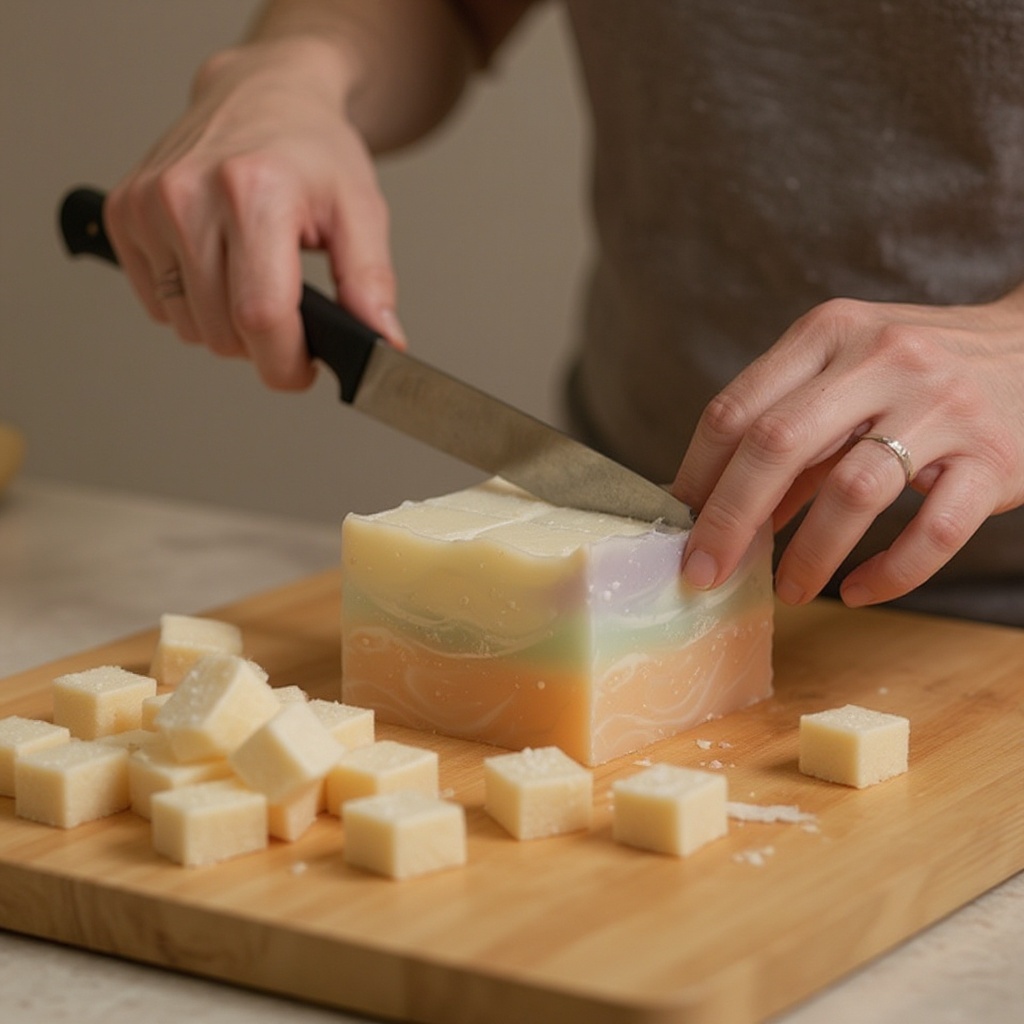 Step 1: Begin by preparing your melt-and-pour soap base. Using a sharp knife or soap cut