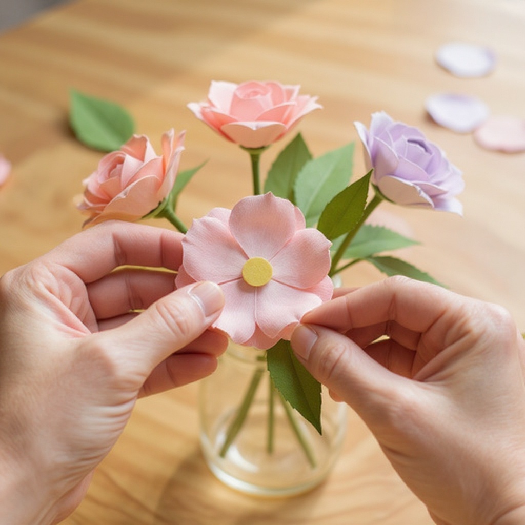 Step 10: Glue the yellow circle in the center of the flower, covering the petal bases. Th