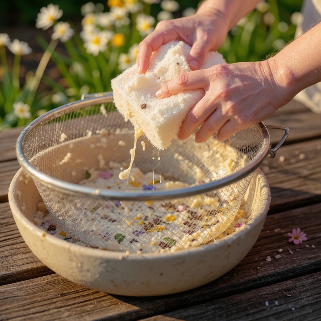 Step 8: Using the sponge, press down on the pulp in the sieve to remove as much water as