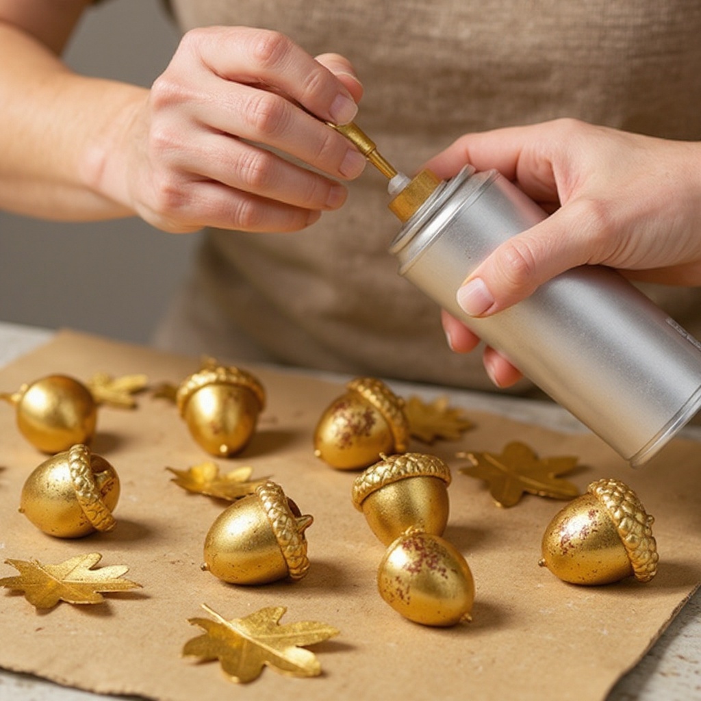 Step 3: Arrange the cleaned acorns and faux leaves on your prepared surface, ensuring th