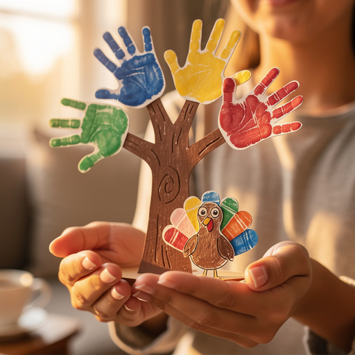Handprint Turkey Thankful Tree held in hand