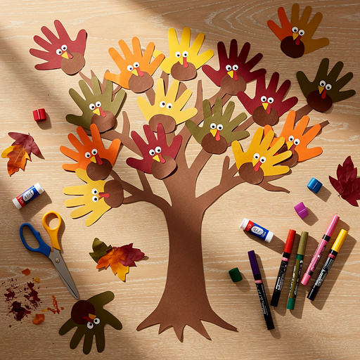 Multiple Handprint Turkey Thankful Tree crafts from above