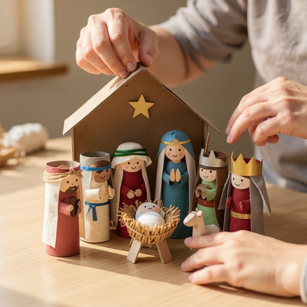 Step 11: Place the figures into the stable. Position Mary and Joseph near the baby Jesus.