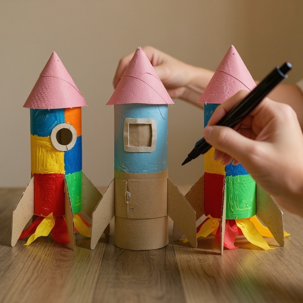 Step 9: Use the black marker to draw windows, doors, or control panels on the body of ea