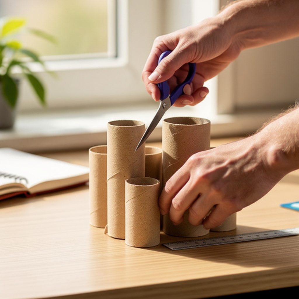 Step 3: Carefully cut each toilet paper roll to your marked height using scissors. Aim f