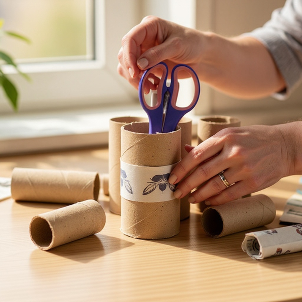 Step 6: Continue wrapping and gluing paper around all the toilet paper rolls until they 