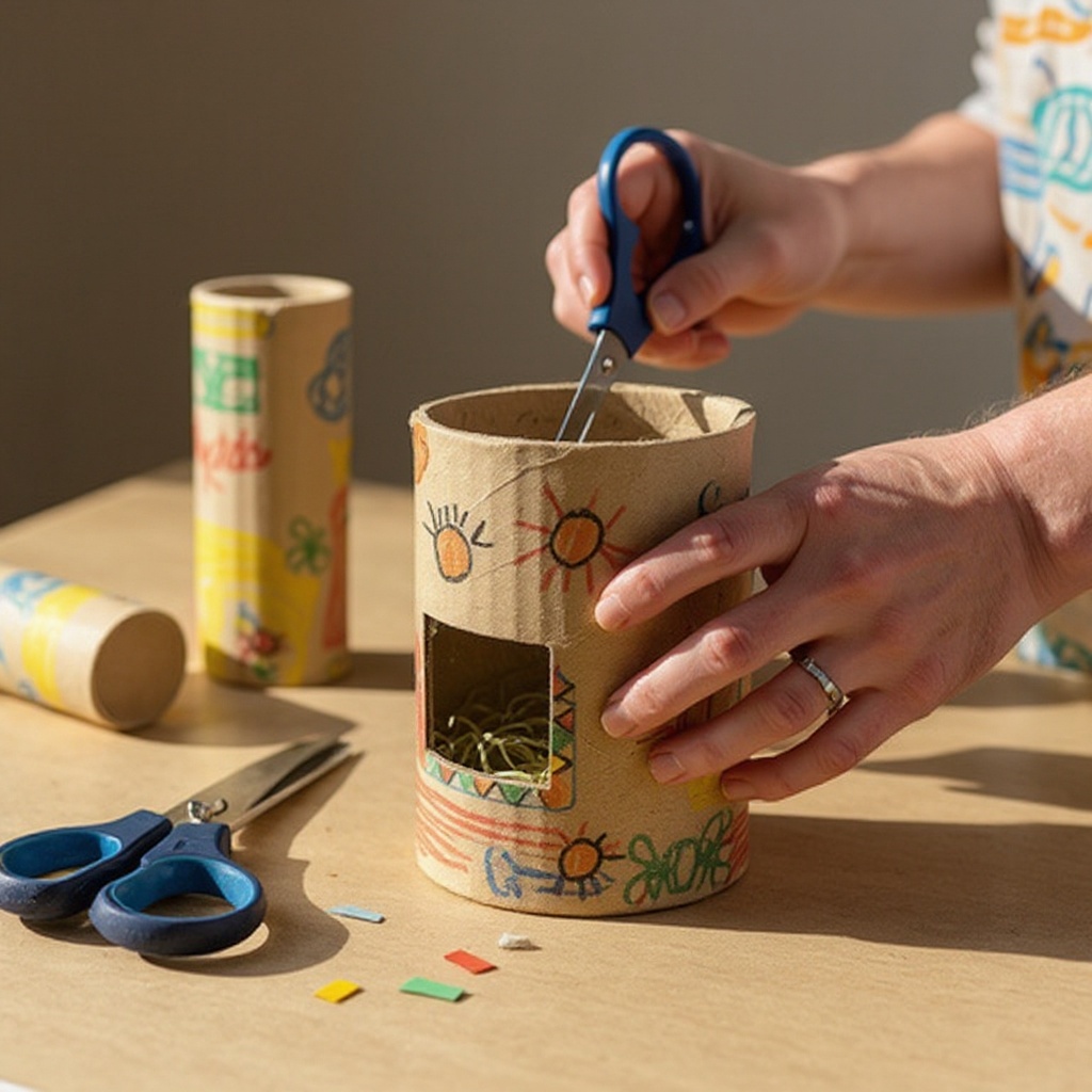 Step 3: Carefully cut out the openings on one side of each toilet paper roll using your 