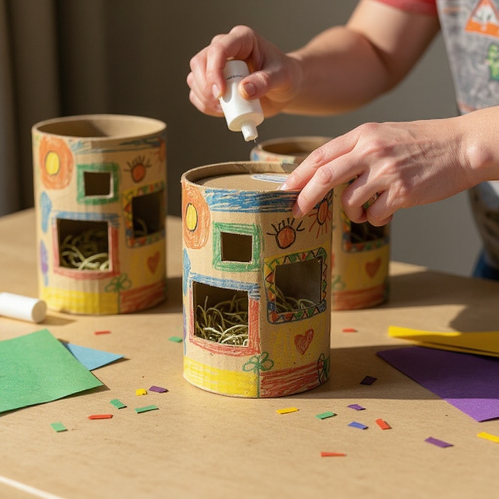 Step 5: Glue the construction paper base to the bottom of the toilet paper roll, ensurin