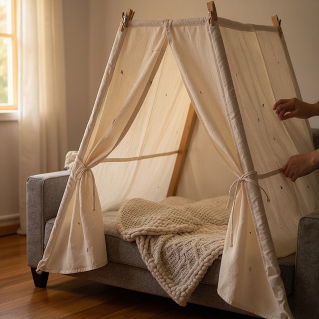 Step 3: Use clothespins or binder clips to secure the edges of the blanket to furniture,