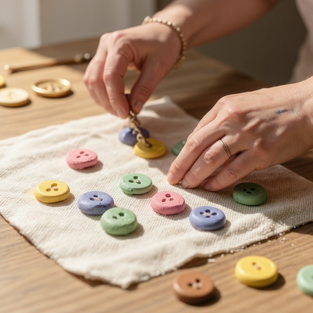 Step 4: Press assorted buttons firmly into the clay surface, creating patterns or indivi