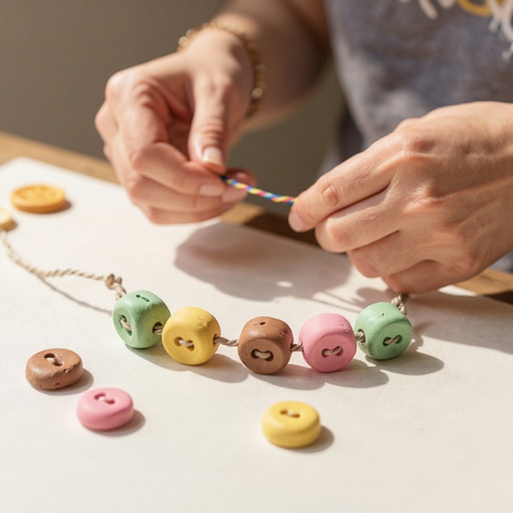 Step 10: Thread your ribbon or cord through the holes in the baked clay charms, adding th