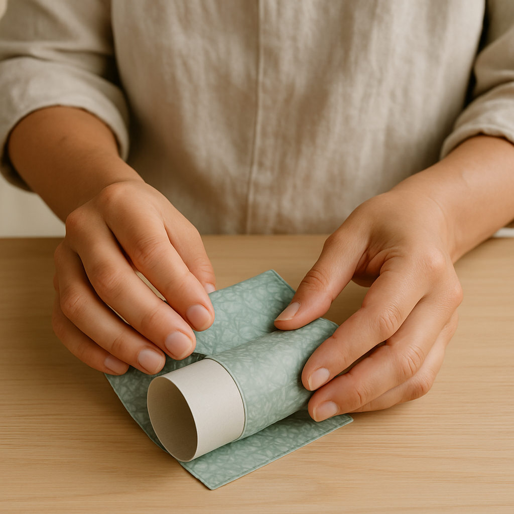 Adult hands wrap sage green patterned paper around a toilet paper tube for an Upcycled Desk Caddy, smoothing wrinkles on an oak table.
