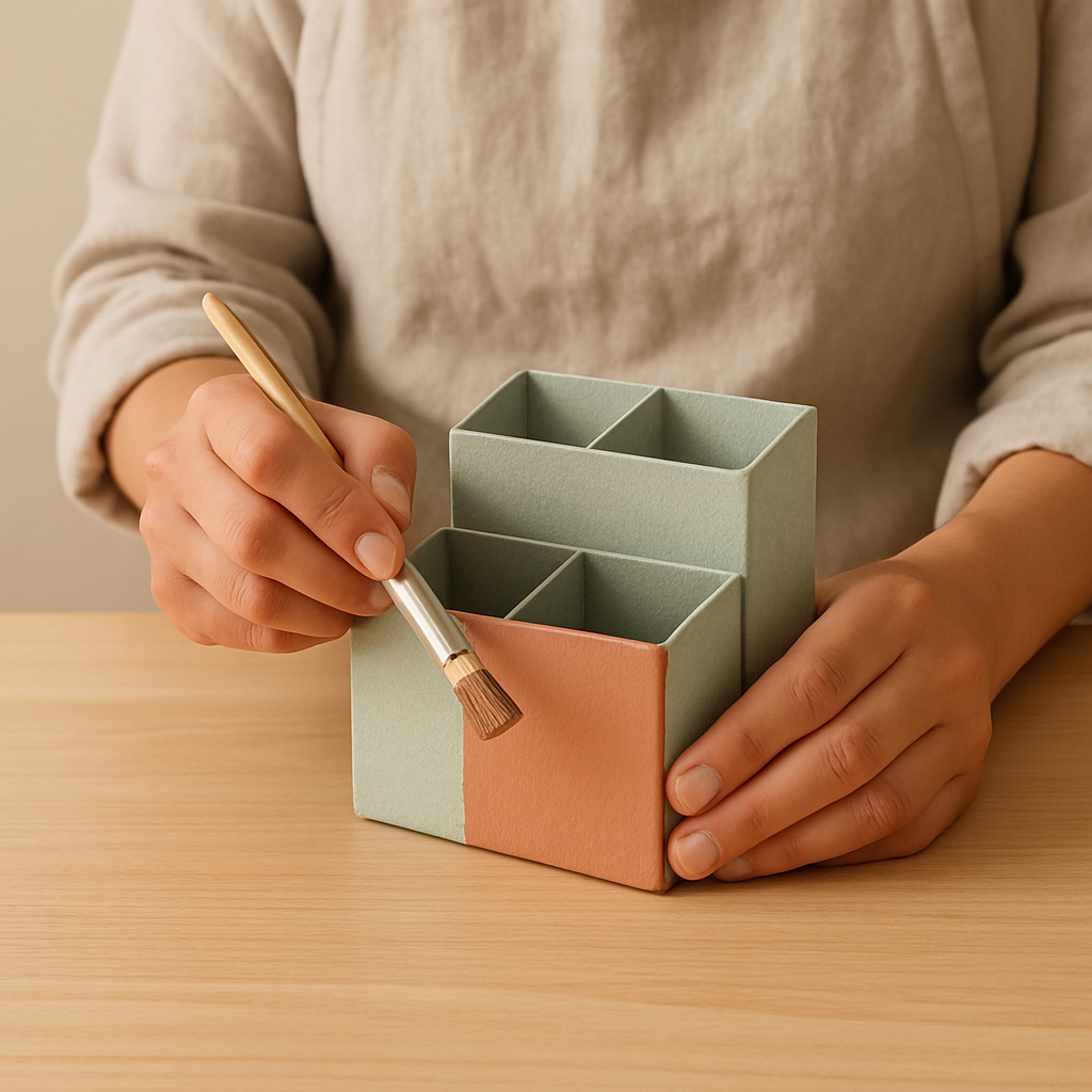 Adult hands paint the side of an upcycled desk caddy with muted clay paint on a pale wood table for the Upcycled Desk Caddy Challenge.