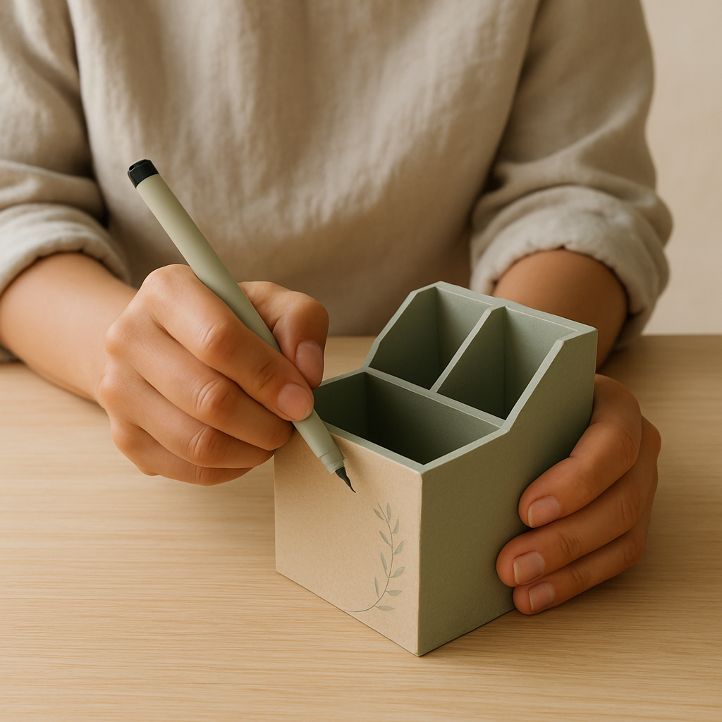 Adult hands draw a subtle leaf pattern on an upcycled desk caddy with a fine-tip marker. The caddy sits on a pale oak table.