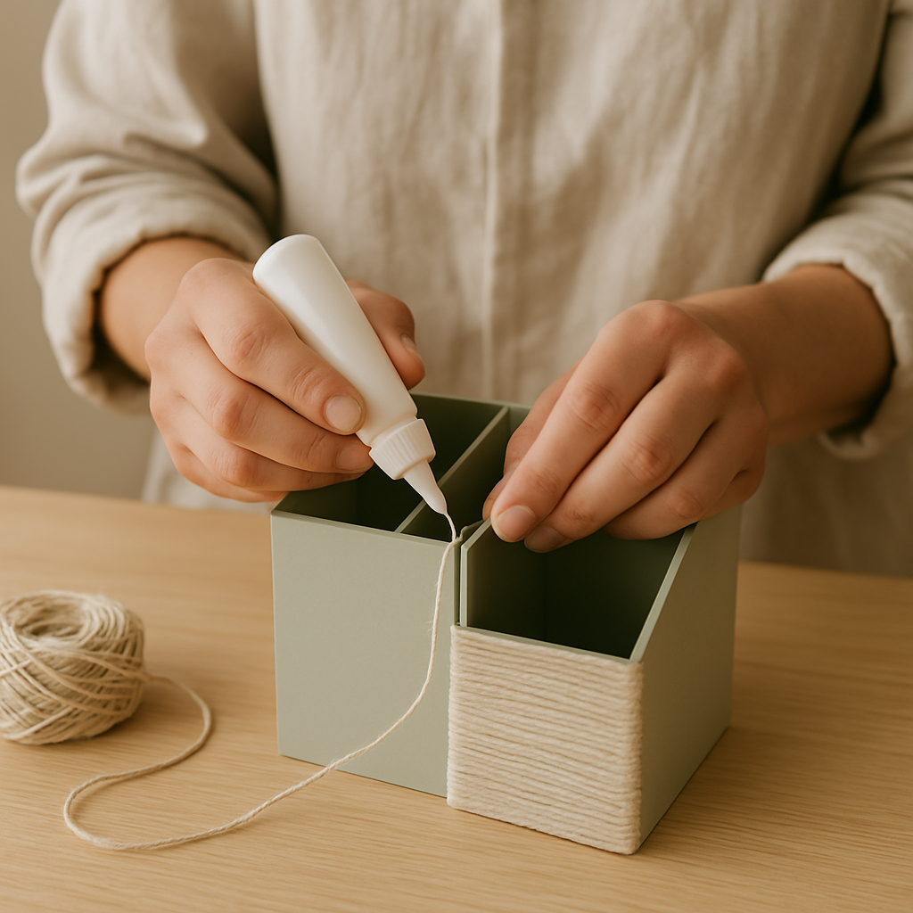 Hands apply glue to an upcycled desk caddy, preparing to wrap it with oatmeal yarn for texture. A yarn ball sits on the oak table.
