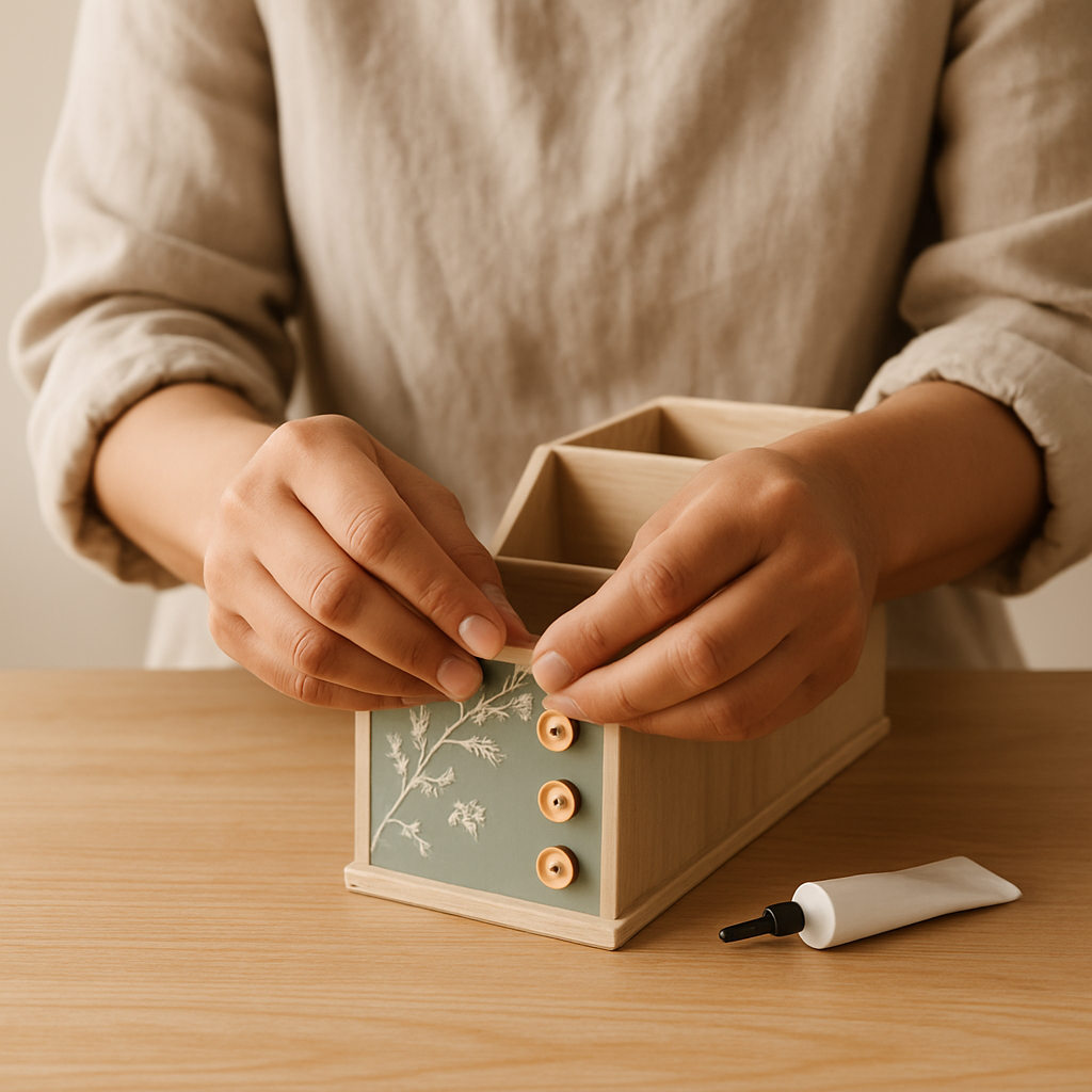 Adult hands in an oatmeal linen apron glue a wooden button onto a decorated Upcycled Desk Caddy compartment. A glue tube rests on the pale oak table.
