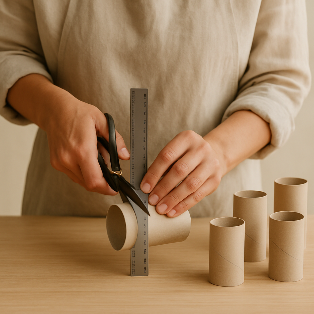 Hands in a linen apron use scissors and a metal ruler to cut a paper towel tube for an Upcycled Desk Caddy. Other cut tubes sit on a wood table.