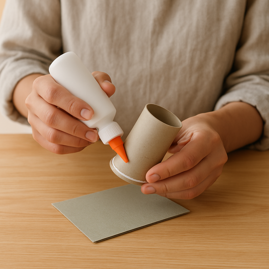 Hands in linen apron apply a ring of craft glue to the bottom edge of a toilet paper tube on a pale oak table for an Upcycled Desk Caddy.
