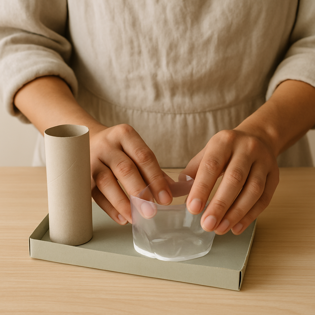 Hands in linen apron press clear plastic container onto green box base, next to cardboard tube, for upcycled desk caddy.