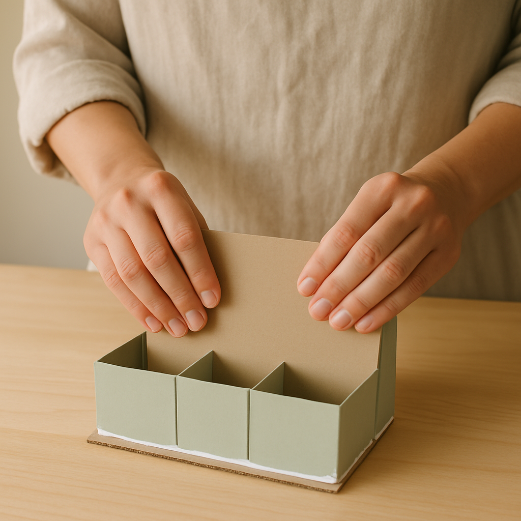 Hands press a beige cardstock backing onto a green upcycled desk caddy with three compartments, showing visible glue on the cardboard base.