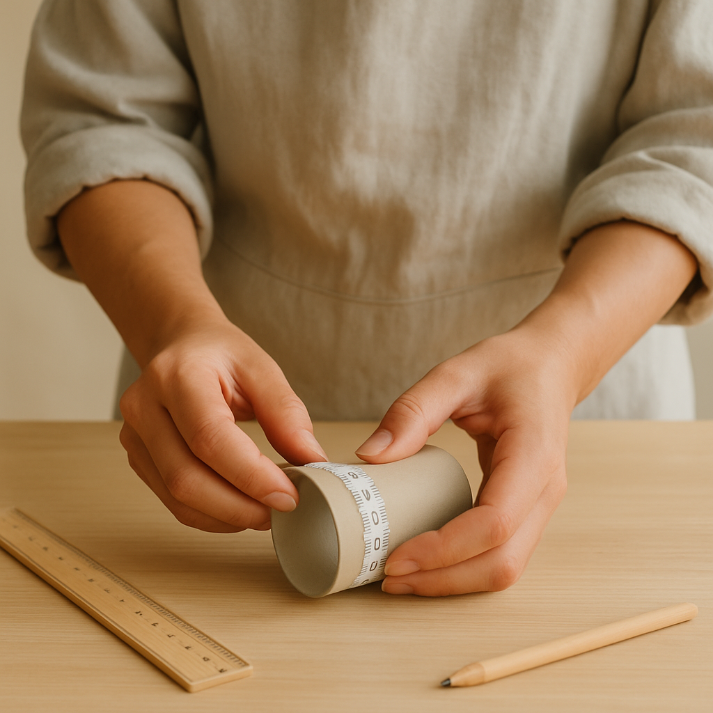 Adult hands measure a toilet paper tube's circumference with a flexible tape for an Upcycled Desk Caddy. A ruler and pencil rest on a pale oak table.