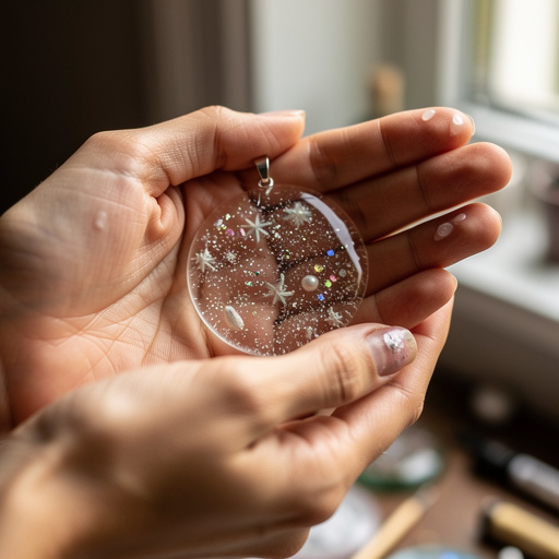 Floating Glitter Resin Pendants held in hand
