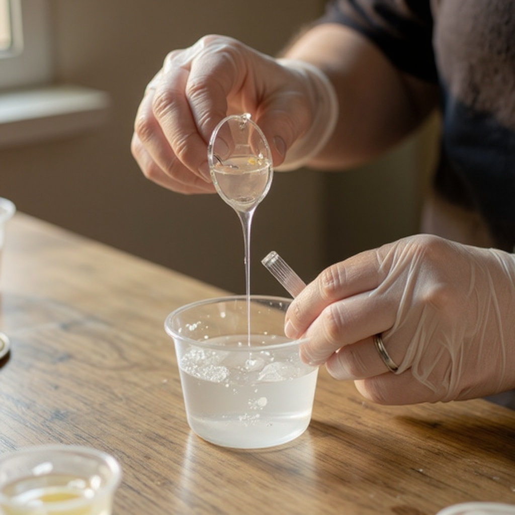 Step 3: Carefully measure equal parts of resin and hardener into a mixing cup according 